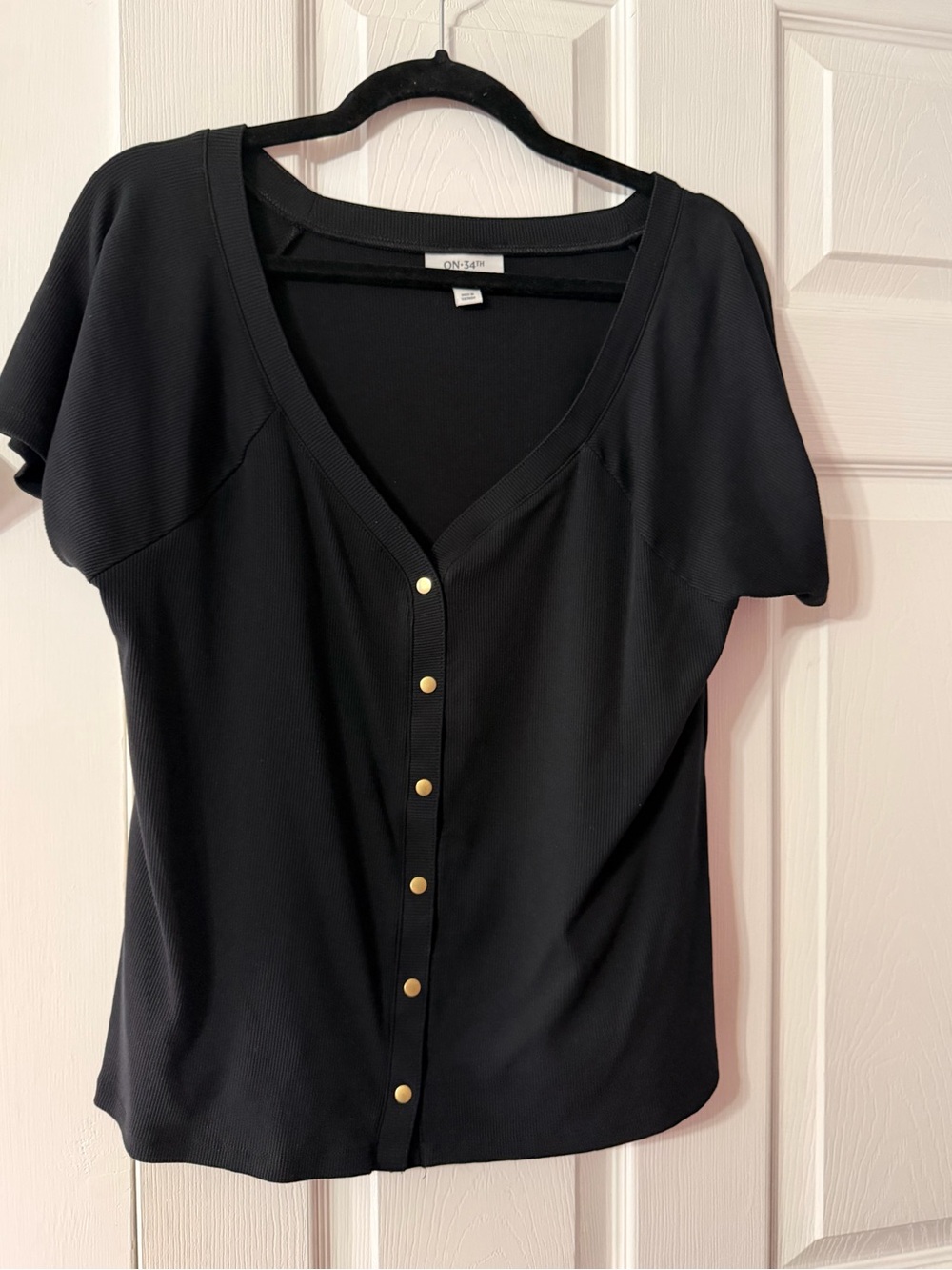 Black V-Neck Short Sleeve Button Front Blouse